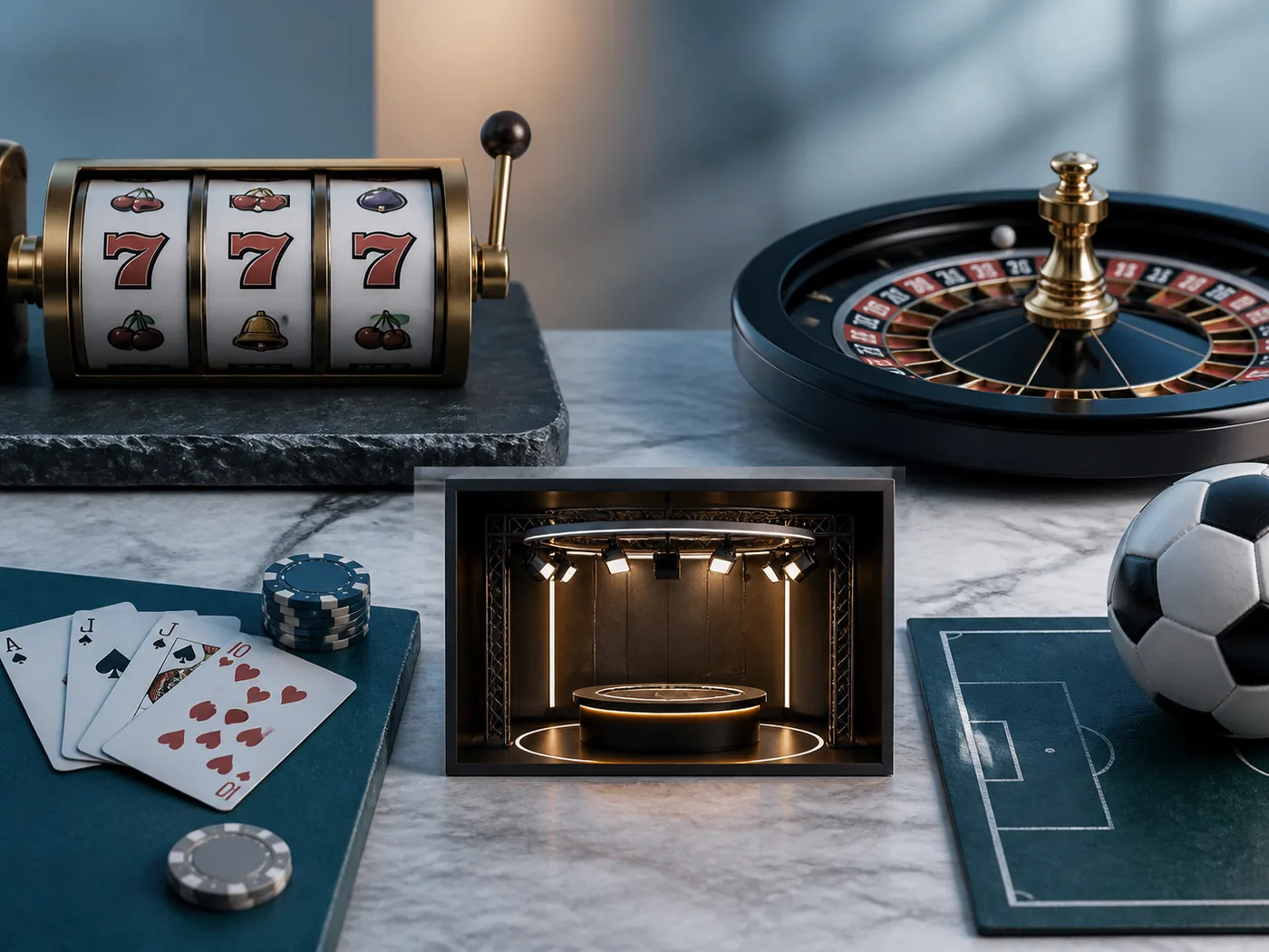 Categorias genéricas de slots, roleta, cartas e esportes em composição editorial