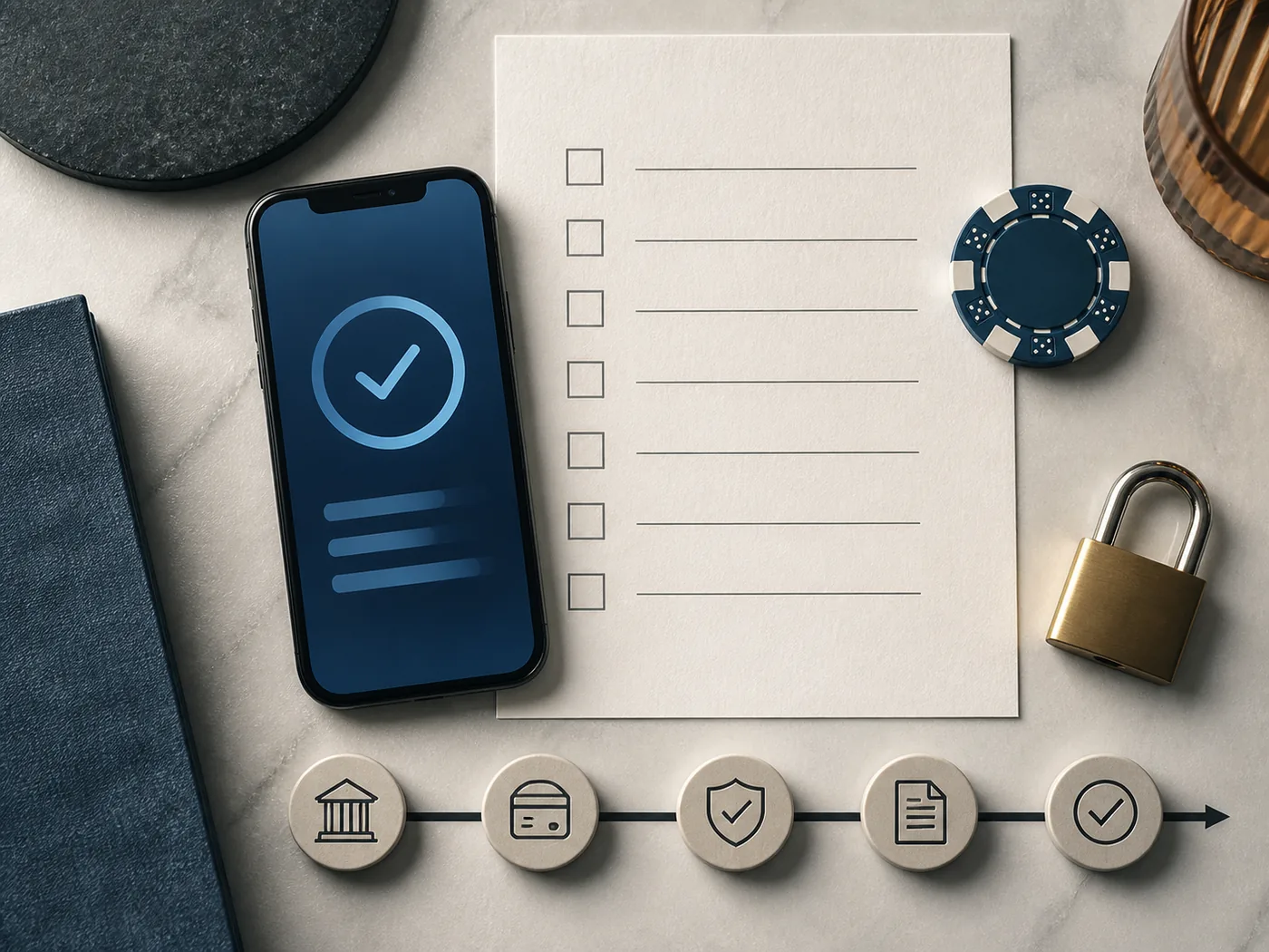 Celular, checklist e ficha de cassino representando controle de uma transação